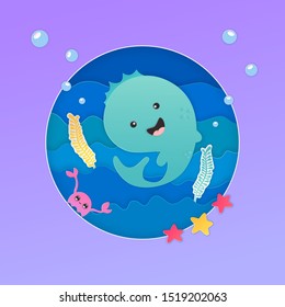 Paper cut colorful collection on blue background. Cute illustration. Sea life texture. Vector collection. Animal wildlife vector background. Cartoon vector illustration. Fishing background.