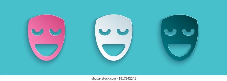 Paper cut Comedy theatrical mask icon isolated on blue background. Paper art style. Vector
