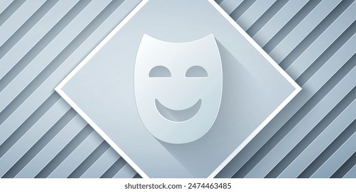 Icono de máscara teatral de comedia aislado sobre fondo gris. Estilo de arte de papel. Vector