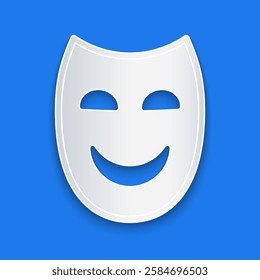 Paper cut Comedy theatrical mask icon isolated on blue background. Paper art style. Vector