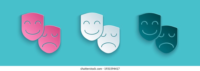 Recorte de papel Icono de máscaras teatrales de comedia y tragedia aislado en fondo azul. Estilo de arte de papel. Vector