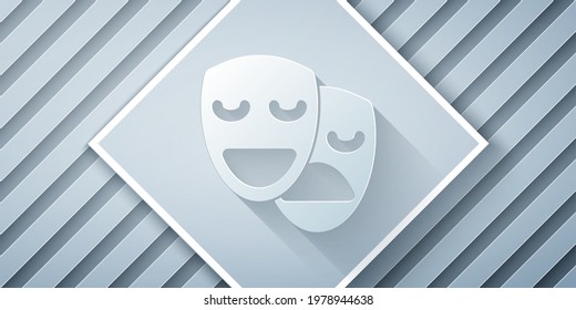 Paper cut Comedy and tragedy theatrical masks icon isolated on grey background. Paper art style. Vector