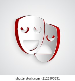 Paper cut Comedy and tragedy theatrical masks icon isolated on grey background. Paper art style. Vector