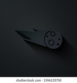 Paper cut Comet falling down fast icon isolated on black background. Paper art style. Vector Illustration