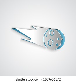 Paper cut Comet falling down fast icon isolated on grey background. Paper art style. Vector Illustration