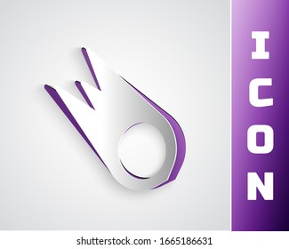 Paper cut Comet falling down fast icon isolated on grey background. Paper art style. Vector Illustration