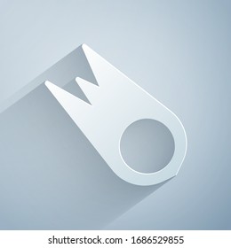 Paper cut Comet falling down fast icon isolated on grey background. Paper art style. Vector Illustration