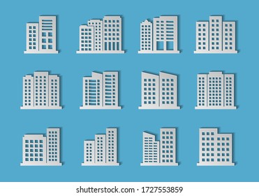 Paper cut company icons set on white background, Building vector collection, Isolated business illustration, Architecture modern origami design