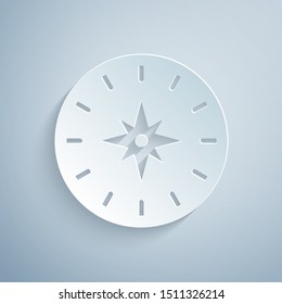 Paper cut Compass icon isolated on grey background. Windrose navigation symbol. Wind rose sign. Paper art style. Vector Illustration