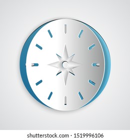 Paper cut Compass icon isolated on grey background. Windrose navigation symbol. Wind rose sign. Paper art style. Vector Illustration