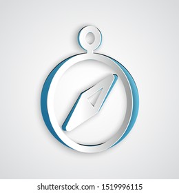 Paper cut Compass icon isolated on grey background. Windrose navigation symbol. Wind rose sign. Paper art style. Vector Illustration