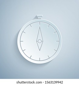 Paper cut Compass icon isolated on grey background. Windrose navigation symbol. Wind rose sign. Paper art style. Vector Illustration