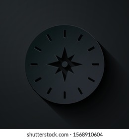 Paper cut Compass icon isolated on black background. Windrose navigation symbol. Wind rose sign. Paper art style. Vector Illustration