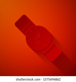 Paper cut Compass icon isolated on red background. Windrose navigation symbol. Wind rose sign. Paper art style. Vector Illustration