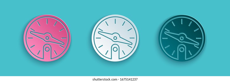 Paper cut Compass icon isolated on blue background. Windrose navigation symbol. Wind rose sign. Paper art style. Vector Illustration