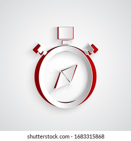 Paper cut Compass icon isolated on grey background. Windrose navigation symbol. Wind rose sign. Paper art style. Vector Illustration