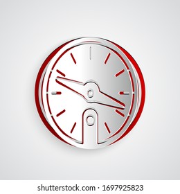 Paper cut Compass icon isolated on grey background. Windrose navigation symbol. Wind rose sign. Paper art style. Vector Illustration