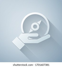 Paper cut Compass icon isolated on grey background. Windrose navigation symbol. Wind rose sign. Paper art style. Vector Illustration