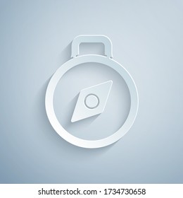 Paper cut Compass icon isolated on grey background. Windrose navigation symbol. Wind rose sign. Paper art style. Vector Illustration