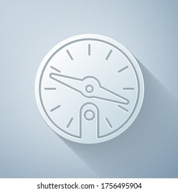 Paper cut Compass icon isolated on grey background. Windrose navigation symbol. Wind rose sign. Paper art style. Vector Illustration