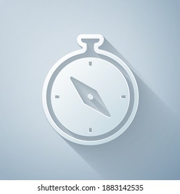 Paper cut Compass icon isolated on grey background. Windrose navigation symbol. Wind rose sign. Paper art style. Vector