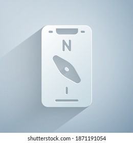 Paper cut Compass screen apps on smartphone for navigation icon isolated on grey background. Application compass for navigation, app map. Paper art style. Vector