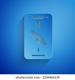 Aplicaciones de pantalla de brújula de corte de papel en smartphone para icono de navegación aislado en fondo azul. brújula de aplicaciones para navegación, mapa de aplicaciones. Estilo de arte de papel. Vector