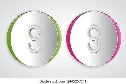 Paper cut Compass south icon isolated on grey background. Windrose navigation symbol. Wind rose sign. Paper art style. Vector