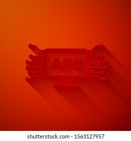 Paper cut Computer api interface icon isolated on red background. Application programming interface API technology. Software integration. Paper art style. Vector Illustration