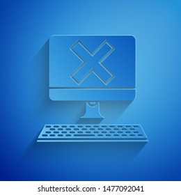 Paper cut Computer with keyboard and x mark icon isolated on blue background. Error window, exit button, cancel, 404 error page not found concept. Paper art style. Vector Illustration