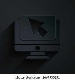 Paper cut Computer monitor and cursor icon isolated on black background. Computer notebook with empty screen sign. Paper art style. Vector Illustration