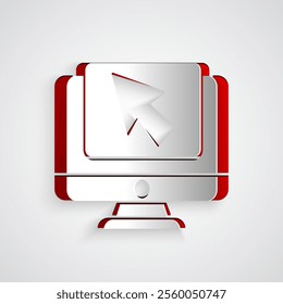 Paper cut Computer monitor and cursor icon isolated on grey background. Computer notebook with empty screen sign. Paper art style. Vector Illustration