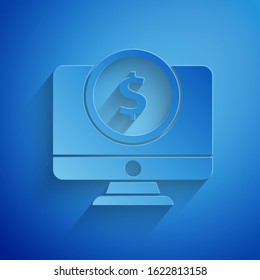 Paper cut Computer monitor with dollar symbol icon isolated on blue background. Online shopping concept. Earnings in the Internet, marketing. Paper art style. Vector Illustration