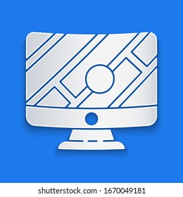 Paper cut Computer monitor and folded map with location marker icon isolated on blue background. Paper art style. Vector Illustration