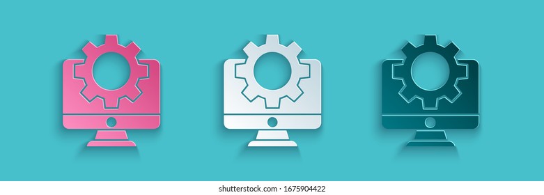 Paper cut Computer monitor and gear icon isolated on blue background. Adjusting, service, setting, maintenance, repair, fixing. Paper art style. Vector Illustration