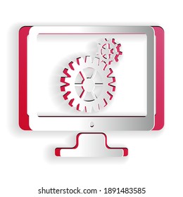 Paper cut Computer monitor and gears icon isolated on white background. Adjusting app, service, setting options, maintenance, repair, fixing concepts. Paper art style. Vector.