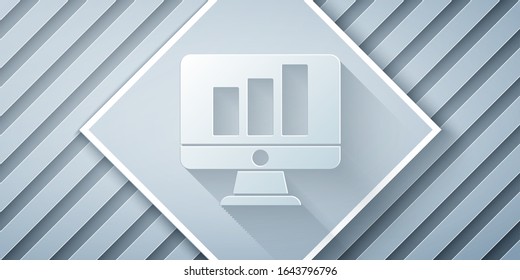 Paper cut Computer monitor with graph chart icon isolated on grey background. Report text file. Accounting sign. Audit, analysis, planning. Paper art style. Vector Illustration