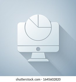 Paper cut Computer monitor with graph chart icon isolated on grey background. Report text file. Accounting sign. Audit, analysis, planning. Paper art style. Vector Illustration