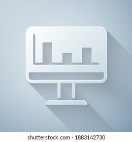 Paper cut Computer monitor with graph chart icon isolated on grey background. Report text file. Accounting sign. Audit, analysis, planning. Paper art style. Vector