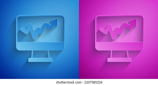 Paper cut Computer monitor with graph chart icon isolated on blue and purple background. Report text file icon. Accounting sign. Audit, analysis, planning. Paper art style. Vector