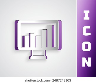 Paper cut Computer monitor with graph chart icon isolated on grey background. Report text file. Accounting sign. Audit, analysis, planning. Paper art style. Vector