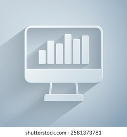 Paper cut Computer monitor with graph chart icon isolated on grey background. Report text file icon. Accounting sign. Audit, analysis, planning. Paper art style. Vector