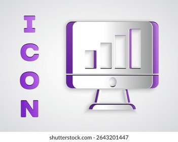 Paper cut Computer monitor with graph chart icon isolated on grey background. Report text file. Accounting sign. Audit, analysis, planning. Paper art style. Vector
