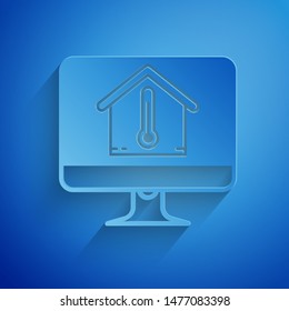 Paper cut Computer monitor with house temperature icon isolated on blue background. Thermometer icon. Paper art style. Vector Illustration Paper cut Computer monitor with house temperature icon isolated on blue background. Thermometer icon. Paper art style. Vector Illustration