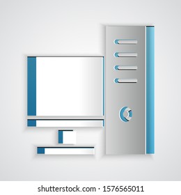 Paper cut Computer monitor icon isolated on grey background. PC component sign. Paper art style. Vector Illustration