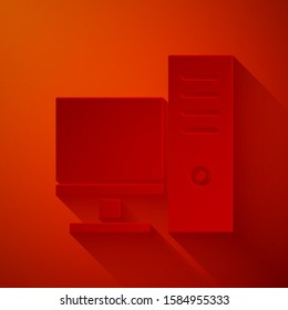 Paper cut Computer monitor icon isolated on red background. PC component sign. Paper art style. Vector Illustration