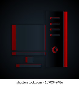 Paper cut Computer monitor icon isolated on black background. PC component sign. Paper art style. Vector Illustration