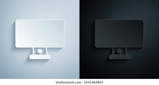Paper cut Computer monitor icon isolated on grey and black background. PC component sign. Paper art style. Vector