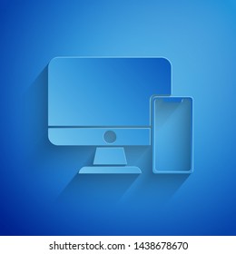Paper cut Computer monitor and mobile phone icon isolated on blue background. Earnings in the Internet, marketing. Paper art style. Vector Illustration