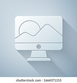 Paper cut Computer monitor screen icon isolated on grey background. Electronic device. Front view. Paper art style. Vector Illustration